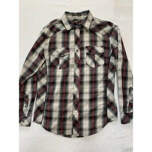 Helix Mens Athletic Fit Western Pearl Snap Shirt Plaid Gray Red Medium L/S